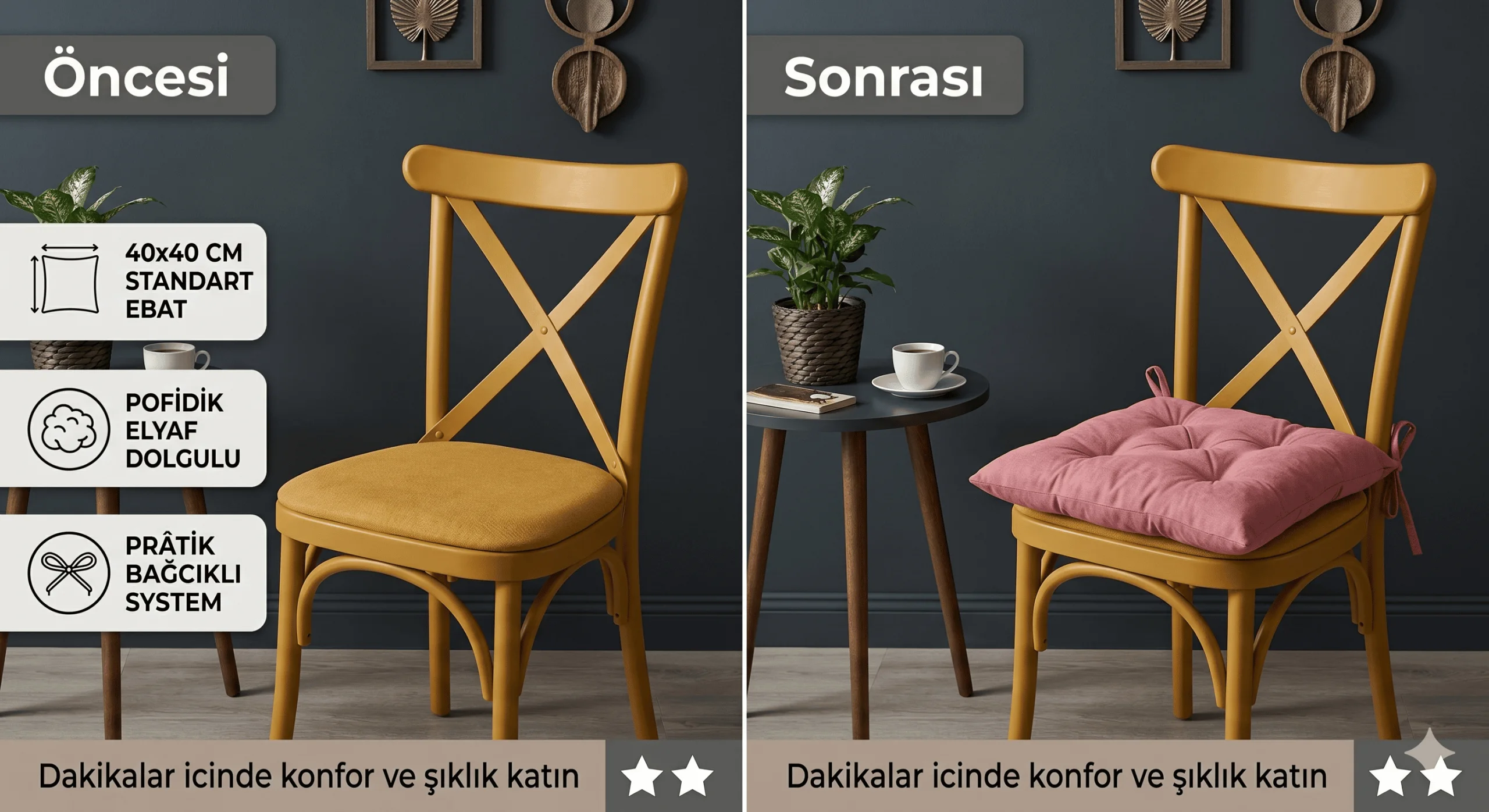 4'lü Bahçe, Balkon, Salon Sandalye Minderi, Bağcıklı