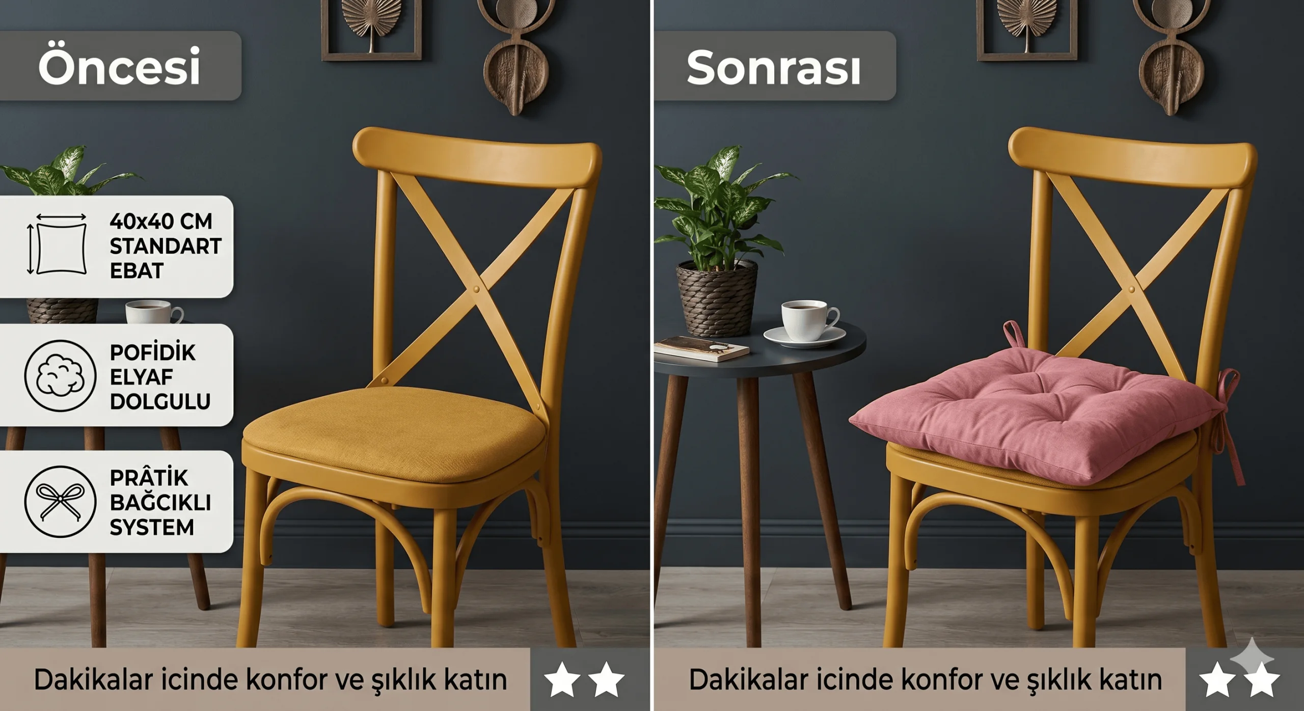 6 Adet Sandalye Minderi, Bağcıklı, 40x40 Ebatında