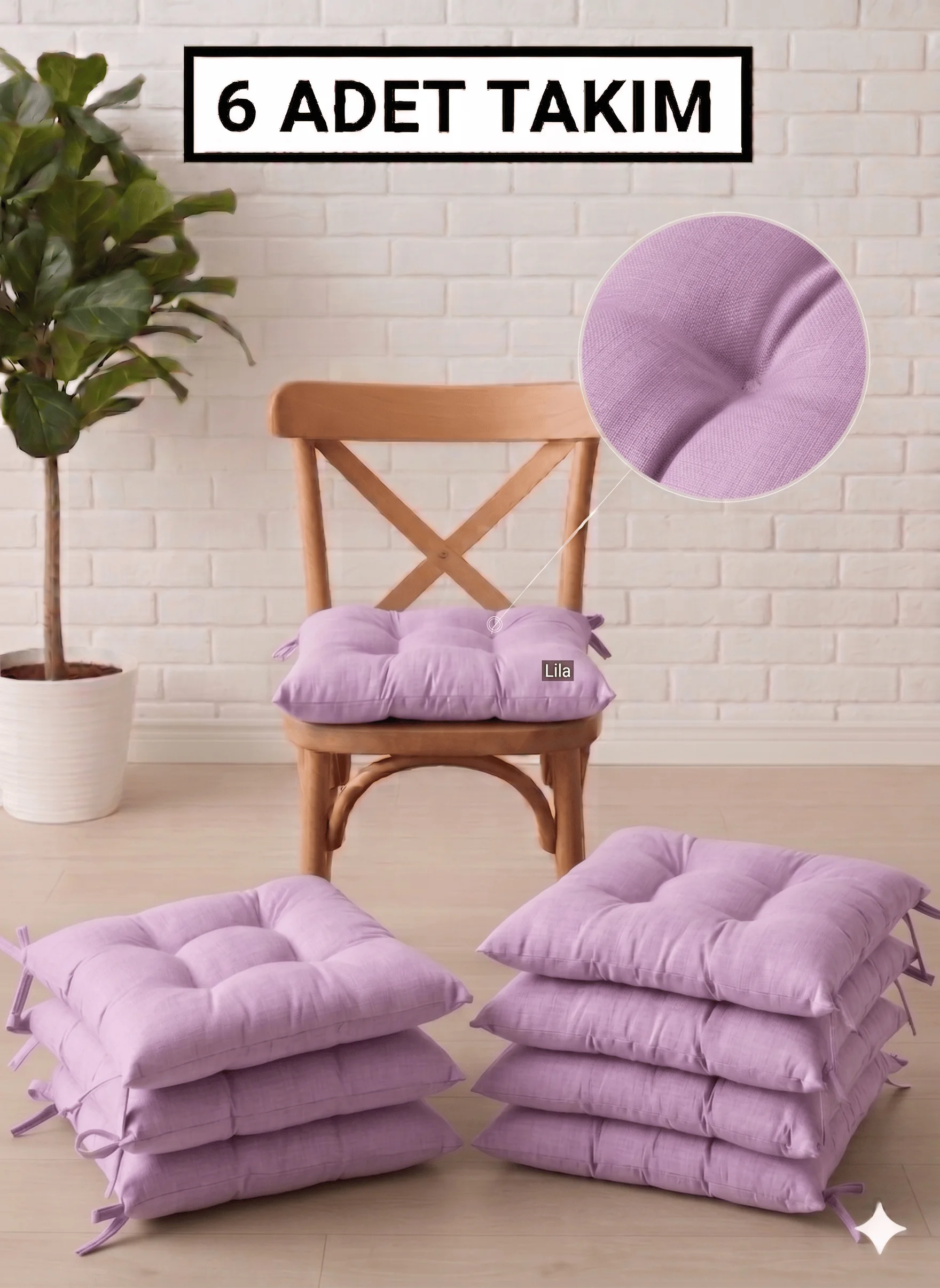 6 Adet Sandalye Minderi, Bağcıklı, 40x40 Ebatında