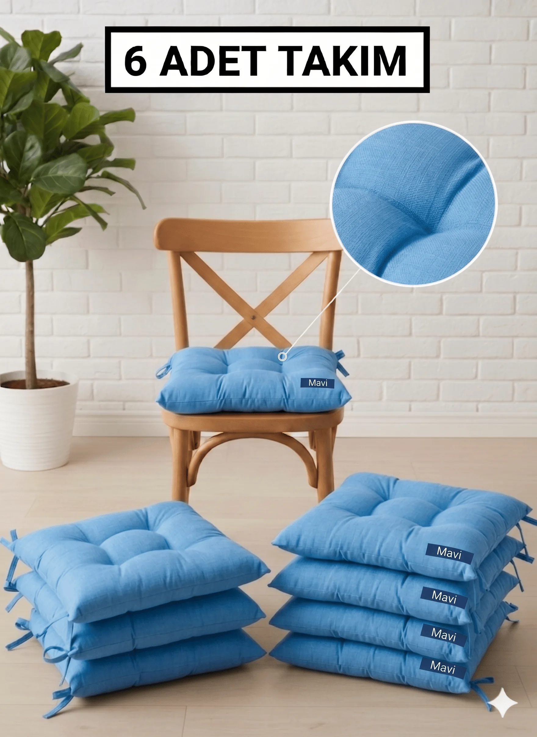 6 Adet Sandalye Minderi, Bağcıklı, 40x40 Ebatında