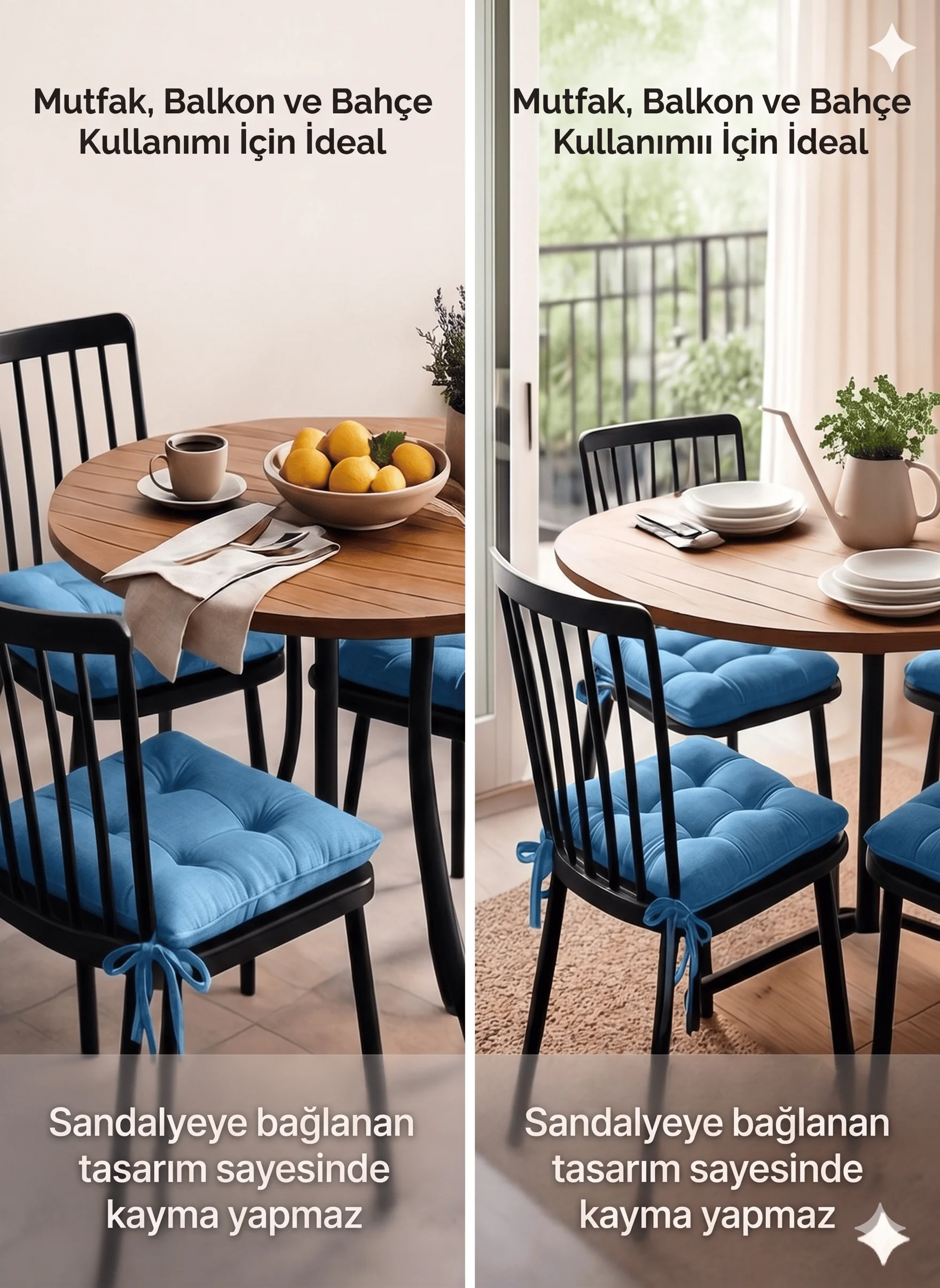 6 Adet Sandalye Minderi, Bağcıklı, 40x40 Ebatında